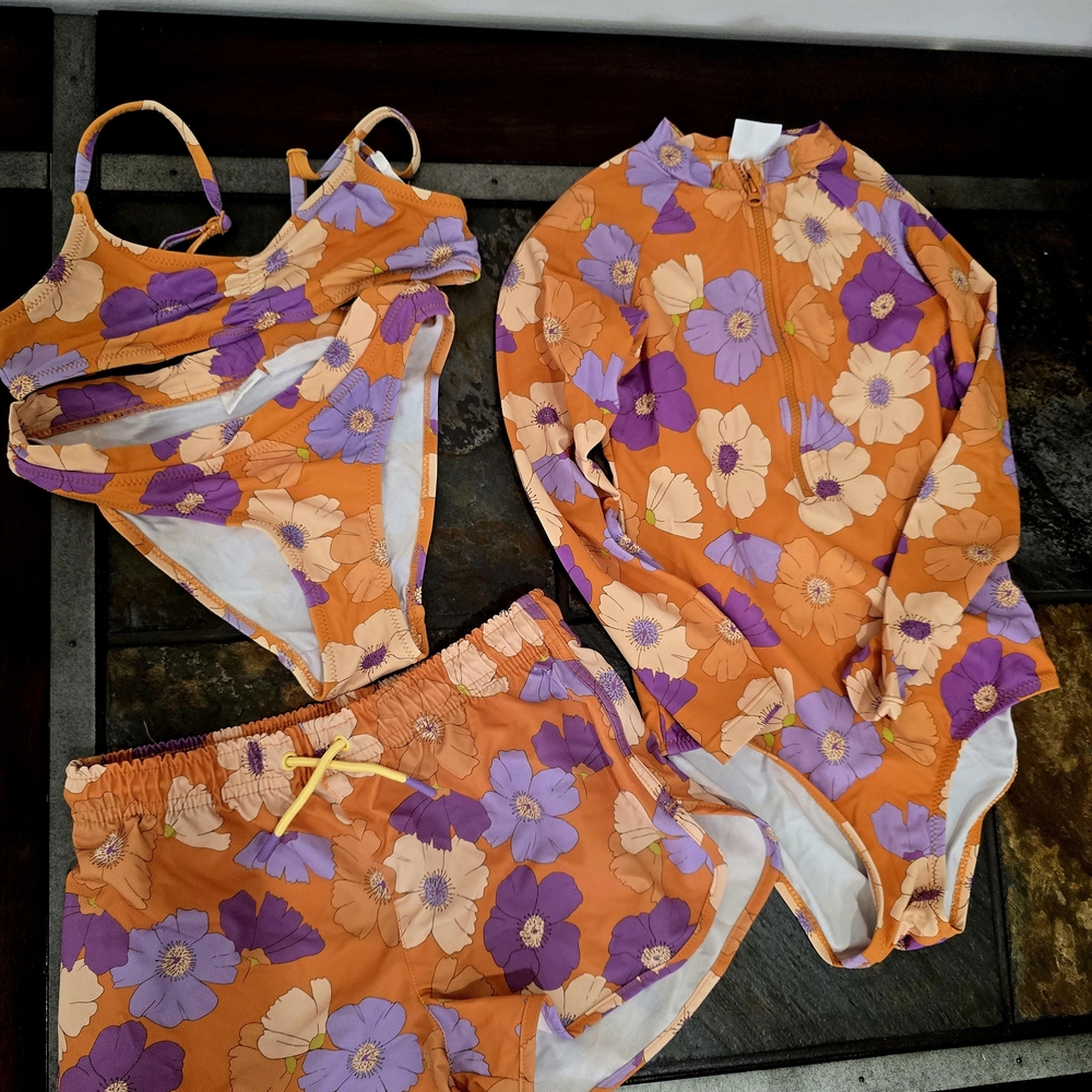 Zara Orange Purple Floral Kids Swim Set